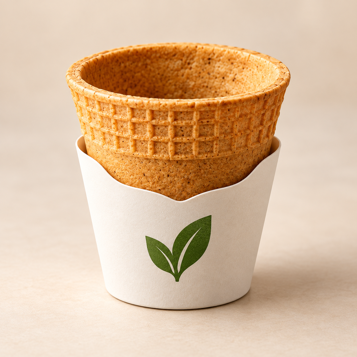 Leaf & Loaf waffle cup seated inside a closed-bottom paper holder concept