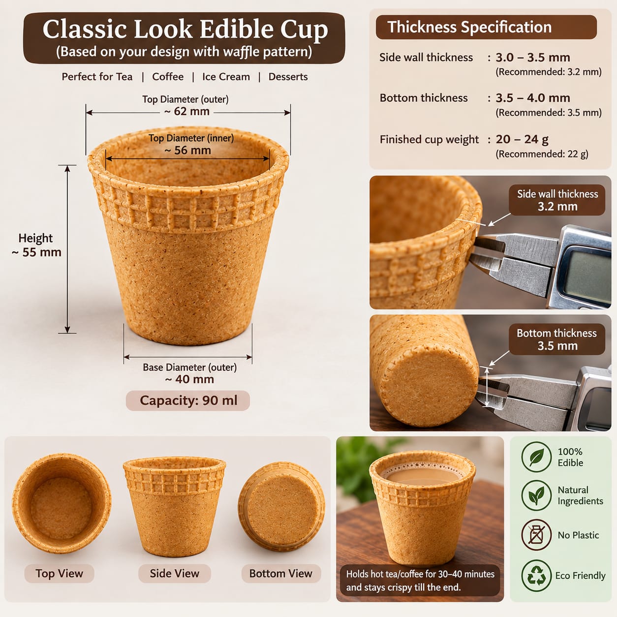 Leaf & Loaf's Classic Look edible cup with waffle pattern and product specifications